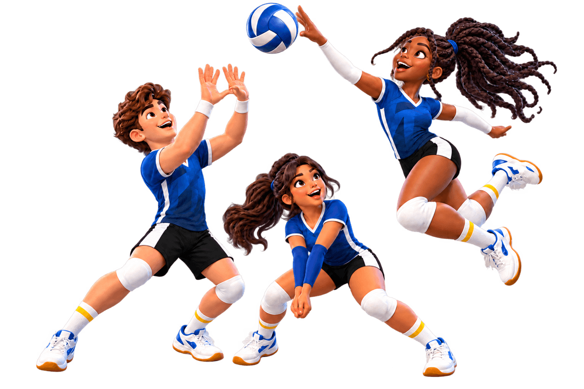 Three joyful volleyball teammates in patterned blue jerseys and black shorts with white side panels, jumping and setting the ball